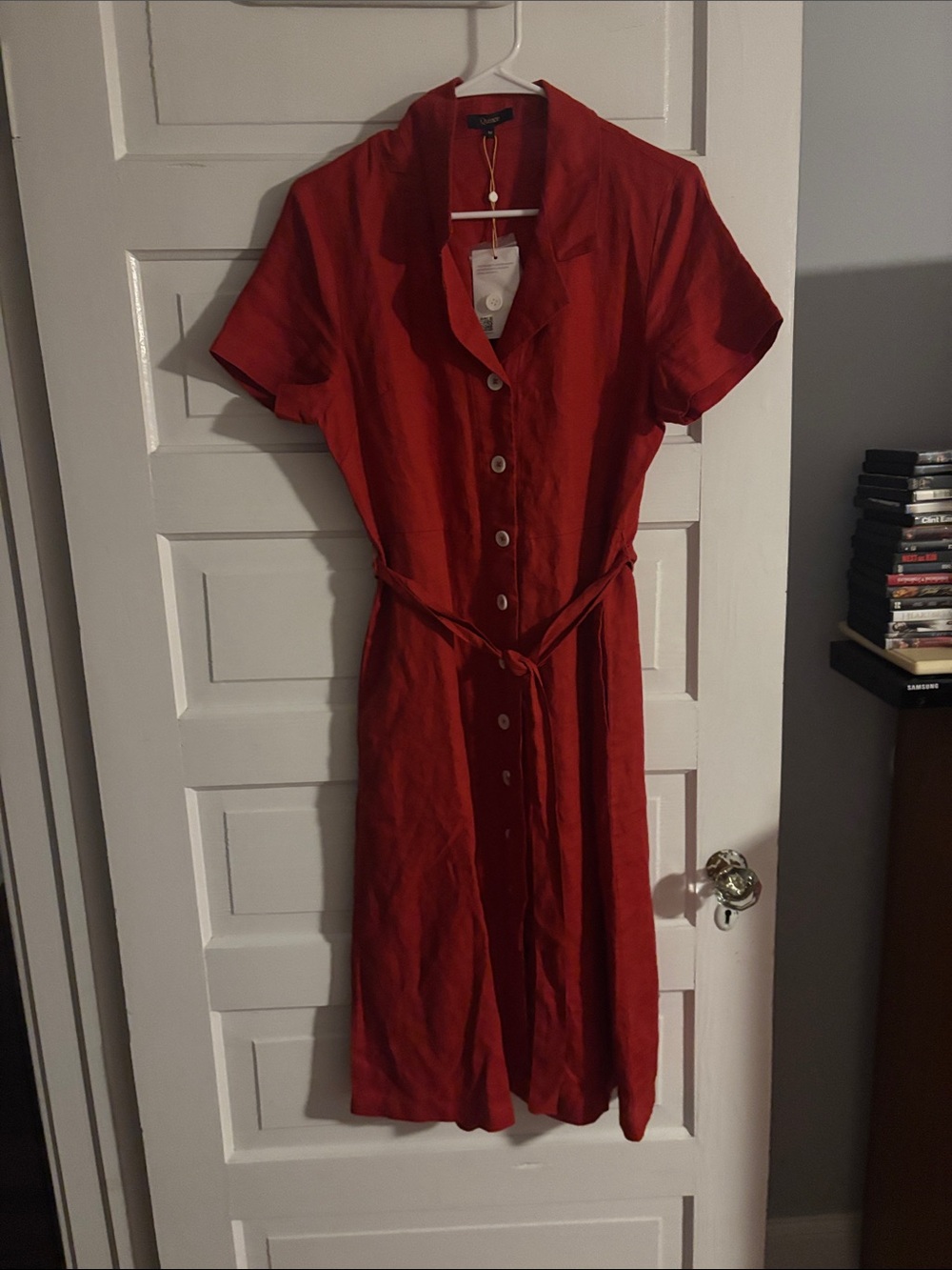 NWT Quince Red Button-Front Midi Dress with Tie Waist